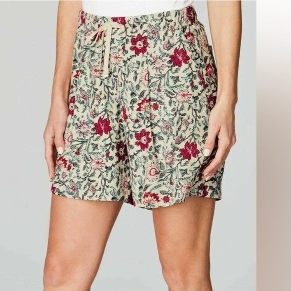 J. Jill Womens Floral Print Rayon Drawstring‎ Shorts Cream Red Teal Size M